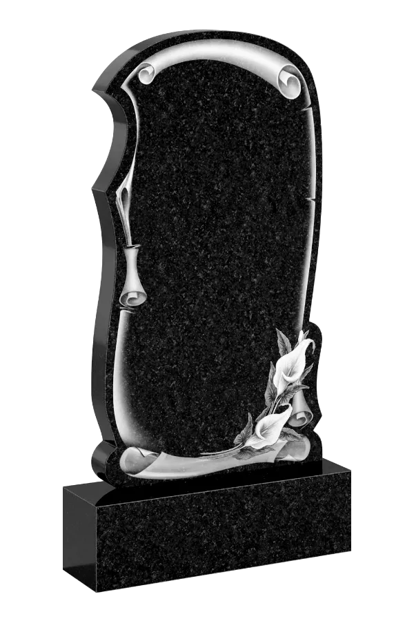 Гранитный памятник асимметрической формы, резной, с гравировкой цветы каллы – 038 | Вертикальный памятник